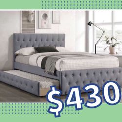 New In Box FULL BED W/TRUNDLE-LIGHT GREY BURLAP And 2 Mattresses.