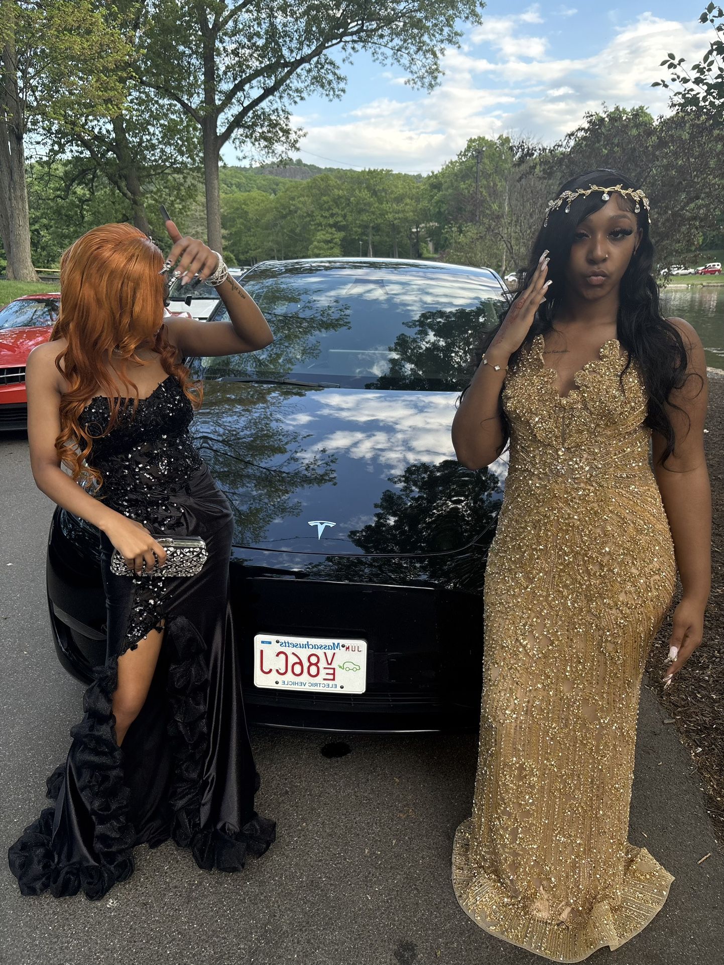 Gold crystal prom dress
