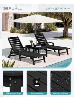 Brand new in box patio bundle set.  Includes: ✔ SERWALL 2 Adjustable Chaise Lounge Chairs (wheels + cup holder) ✔ SERWALL Outdoor Coffee Table (HDPE, 