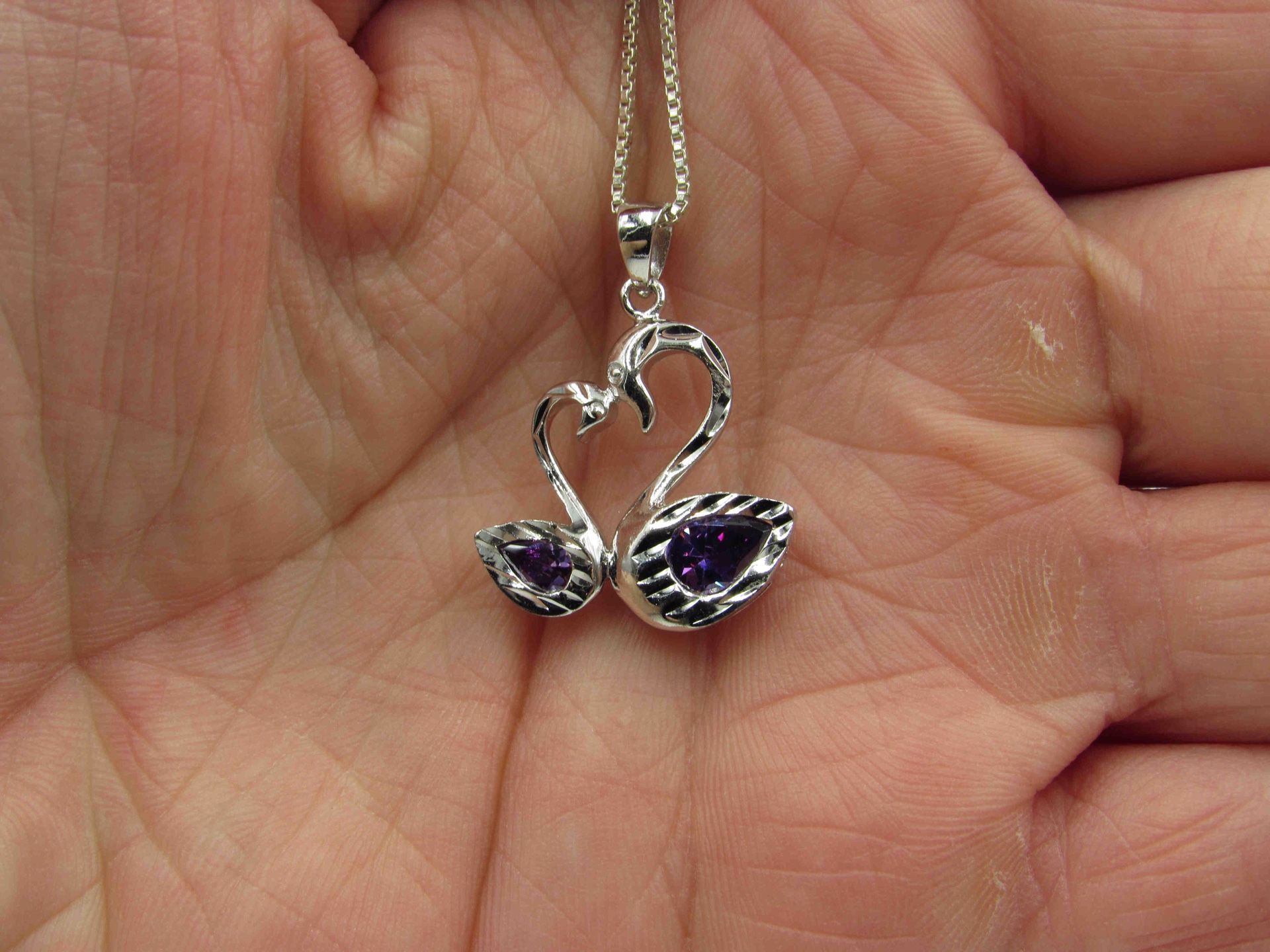 16" Sterling Silver Purple Glass Swan Mates Pendant Necklace Vintage Gift Idea Statement Minimalist Cute Everyday Promise Everyday Special