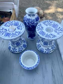 Vintage Blue/white Candle Holders Vase And Other 