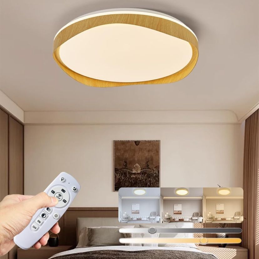 Modern Dimmable LED Ceiling Light with Remote – Wood Grain Design