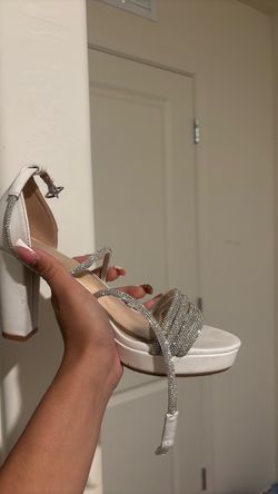 Silver Rhinestone Strappy Platform Block Heel Sandal