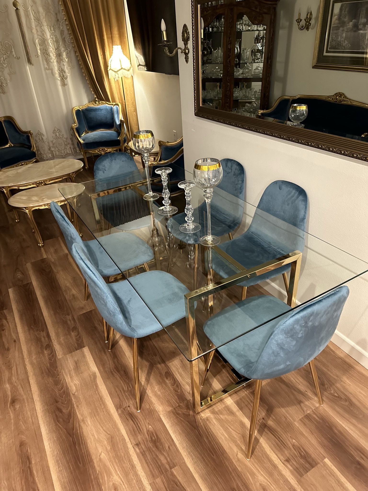 Blue Gold Velvet Glass Dining Set