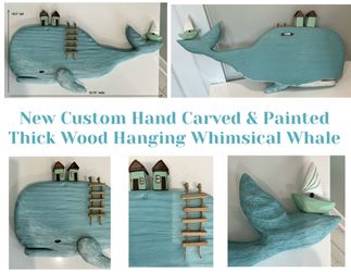 New Custom Hand Carved & Painted Thick Wood Hanging Whimsical Whale