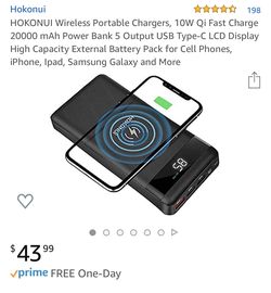 HOKONUI Wireless Portable Chargers, 10W Qi Fast Charge 20000 mAh Power Bank 5 Output USB Type-C LCD Display High Capacity External Battery Pack for C
