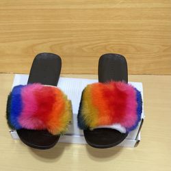 Bamboo Women’s Flat Slides FULL MOON Multicolor Fur Straps Sz 8  No Heels “NEW”
