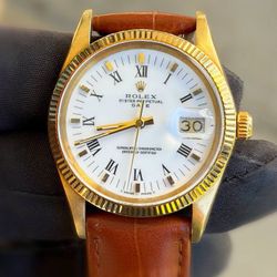 1981 Rolex Oyster Perpetual Date 15037 14k yellow gold 34mm light brown leather band factory skinny white Roman dial yellow gold fluted bezel watch bo