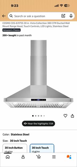 30” stainless steel range hood with touch controls.