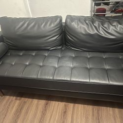 Vintage Black PU Leather Sofa with Tufted Seat 