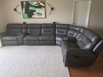 Large Gray Leather Sectional Recliner Sofa
