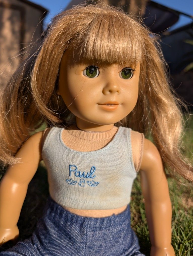 American Girl Doll Blonde Hair Green Eyes Pierced Ears 18" Custom Outfit