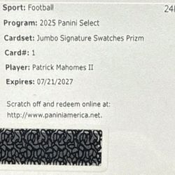 2025 Panini Select Jumbo Signature Swatches Prizm Redemption Card #1 Mahomes II.