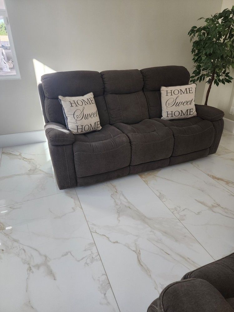 ALMOST NEW FABRIC RECLINER SOFA AND LOVESEAT