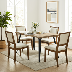Homy Casa Lancelot 5PC Dining Set 63" Walnut Table with 4 Siget Biscuit Upholstered Chairs in Beige and Haze Legs