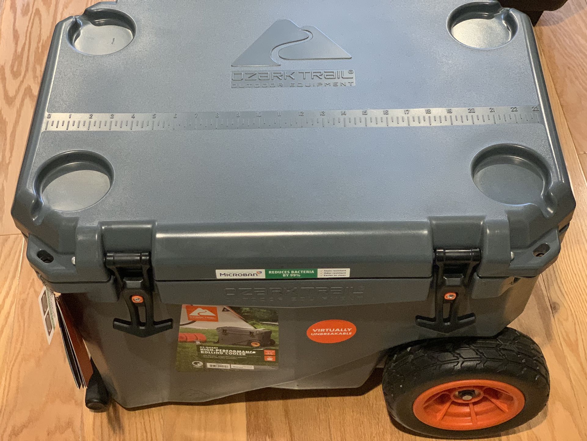 New - Ozark Trail 45 Quart High Performance Rolling Roto-Molded Cooler with Microban, Greystone