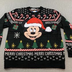 Disney Mickey Mouse Christmas Sweater Mens M Black Soft Stretch Tree Candy Cane