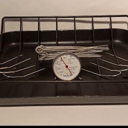 roasting pan with rack, thermometer, pins and lifting forks $15 FIRM for ALL!