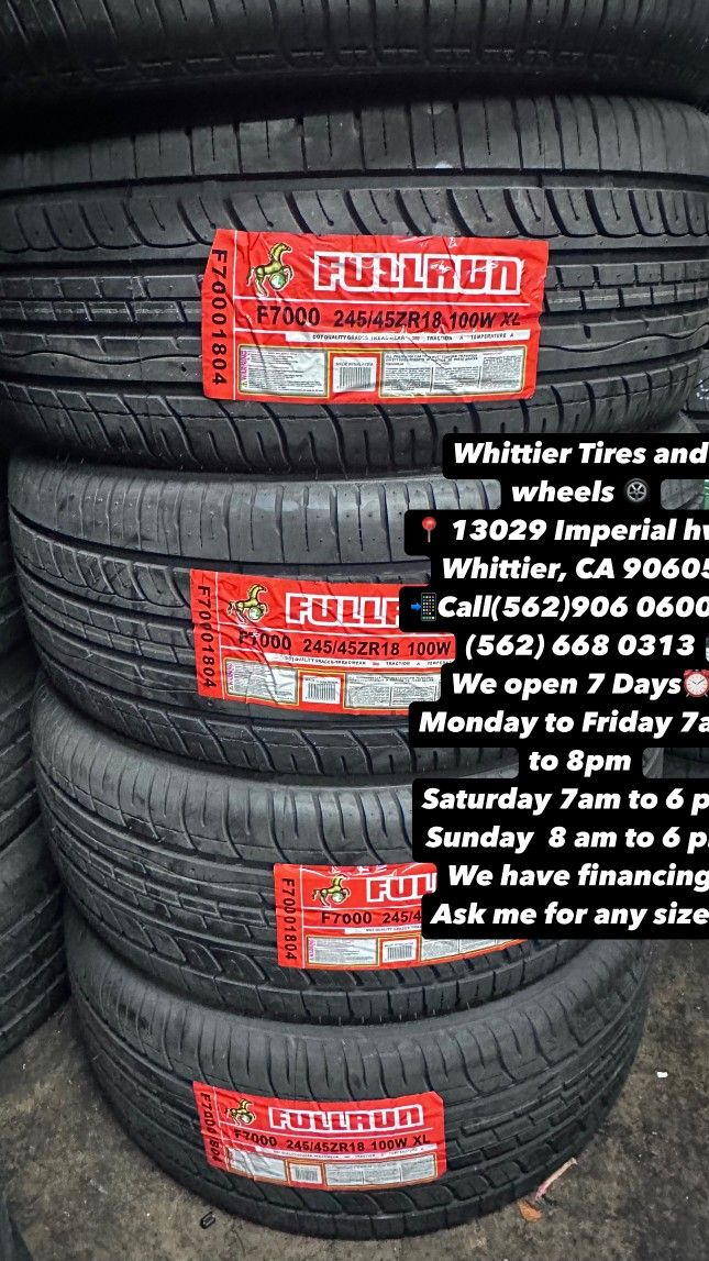 SET OF NEW TIRES, 245/45R18 FULLRUN, INCLUDING MOUNTING AND BALANCING. ASK ME FOR ANY SIZE OR BRAND, LLANTAS NUEVAS