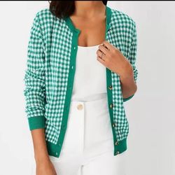 Ann Taylor Houndstooth Cardigan Sweater Green-XL