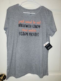 Halloween Gray Graphic T-Shirt. Scary movies Blouse. Gray tee.