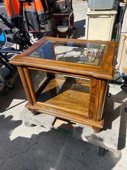 Wood End Table with Glass Top and Cabinet Door
