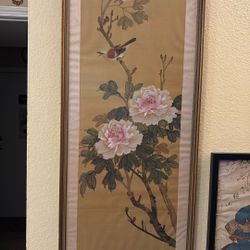 Floral Water Color Painting On silk In Glass Framed 
