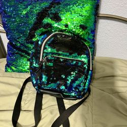 Blue And Green Sequin Pillow And Mini Backpack