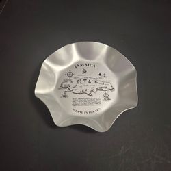 Vintage Mid To Late 20th Century Souvenir Plate Or Dish Of Jamaica Made Of Ruffled Aluminum By Silhouette In Barbados, Shows Illustrated map Of Jamaic