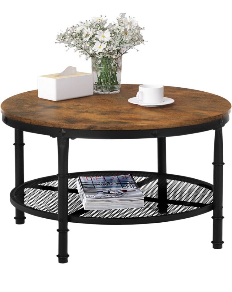 Living room round coffee table, side table, modern coffee table, small space, sofa 2 tier antique wood table with storage open shelf, living room indu