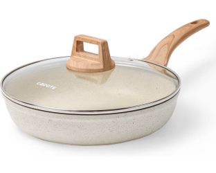 CAROTE Non Stick Frying Pan, 12 Inch Cream White Skillet with Glass Lid Non Toxic Kitchen Healthy Cookware, Compatible with All Stovetop, Easy to Clea