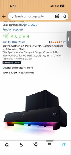 Razer Leviathan V2 PC Gaming Soundbar with Subwoofer