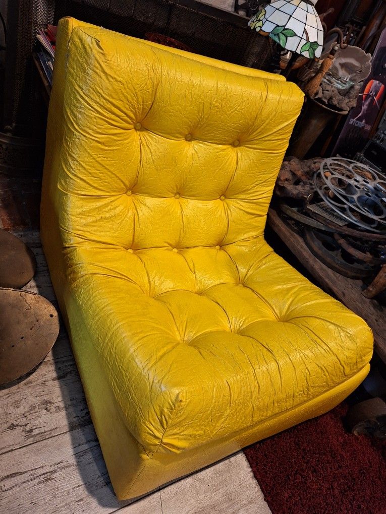 Vintage Chair & Ottoman Yellow Vinyl Seat Mid-Century 70s Tufted Retro Lounge