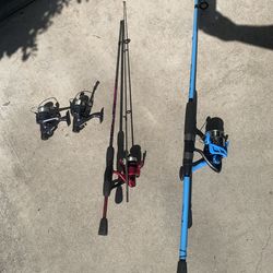 1 Shakespeare fishing rod, 1 South bend R2F stripper  fishing rod and 2 additional reels.