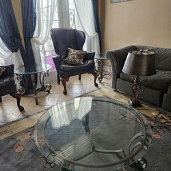 3 ELEGANT PEWTER AND BEVELED GLASS  LIVING ROOM TABLES. LIKE NEW