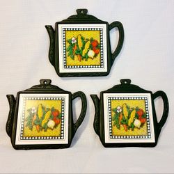 (3) Vintage Garden Vegetable Tile Trivets Teapot Shape Heat Resistant Cast Iron