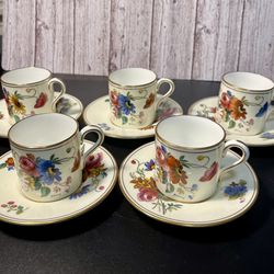 Wedgwood England Vintage 1943 W3043 Posey Spray Bone China Set Of 5 Demitasse Cups & Saucers Hand Painted bone china, weightless & gorgeous Signed by 