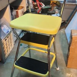 Restored 1970s Cosco Vintage Vinyl Padded Chrome Pull Slide Out Step Stool Chair