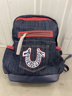 TRUE RELIGION LOGO DARK BLUE DENIM WITH RED ACCENTS BACKPACK NWT