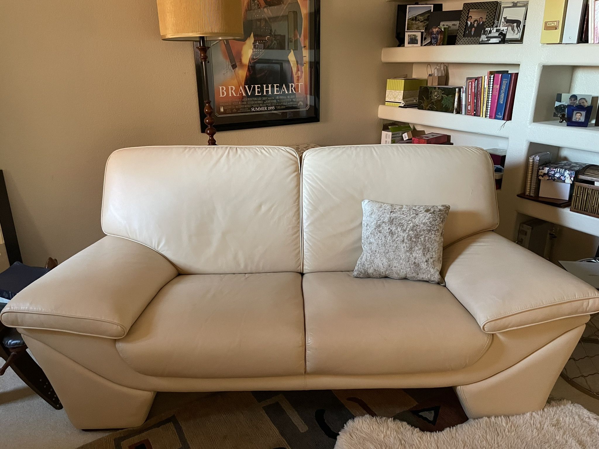 Oversized Loveseat, Chair & Ottoman Quality Cream Leather Set (3)