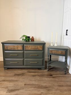 Refinished Dresser and One Nightstand Set | Sumter Cabinet Co. | Green and Wood with Gold Handles