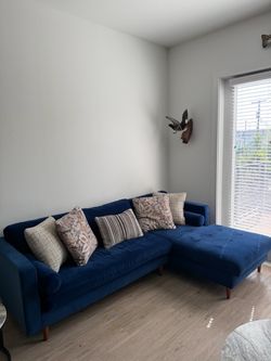 Blue Velvet Sectional Sofa with Chaise