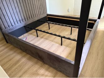 King canopy bed with grey velvet headboard