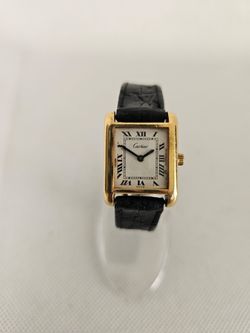Ladies Cartier Tank Watch Gold-Tone Black Leather Strap