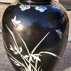 Vintage 1950's Japanese Small Vase, Black Enamel on Brass Inlaid with Real Abalone Butterflies & Bamboo!