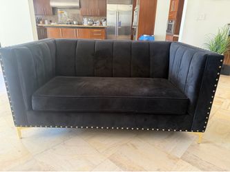 Modern Black Velvet Channel-Tufted Loveseat / Sofa (Set of 2 Available)