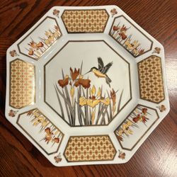 Vintage 1987 Japanese Golden Chokin Art Decorative Octagonal Porcelain 10” Plate Golden Nectar Hummingbird and Irises 