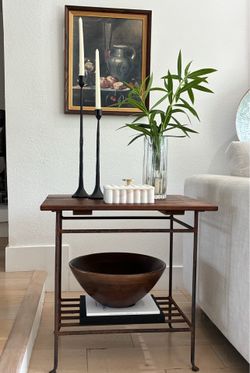 Vintage Rustic End Table with Iron Base & Wood Top