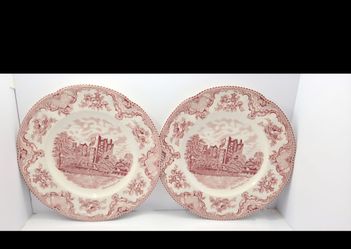 Set Of 2 Johnson Bros Old Britain Castles Pink Red Transferware Dinner Plate