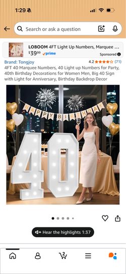 4FT 40 Marquee Numbers, 40 Light up Numbers for Party, 40th Birthday Decorations for Women Men, Big 40 Sign with Light for Anniversary, Birthday Backd
